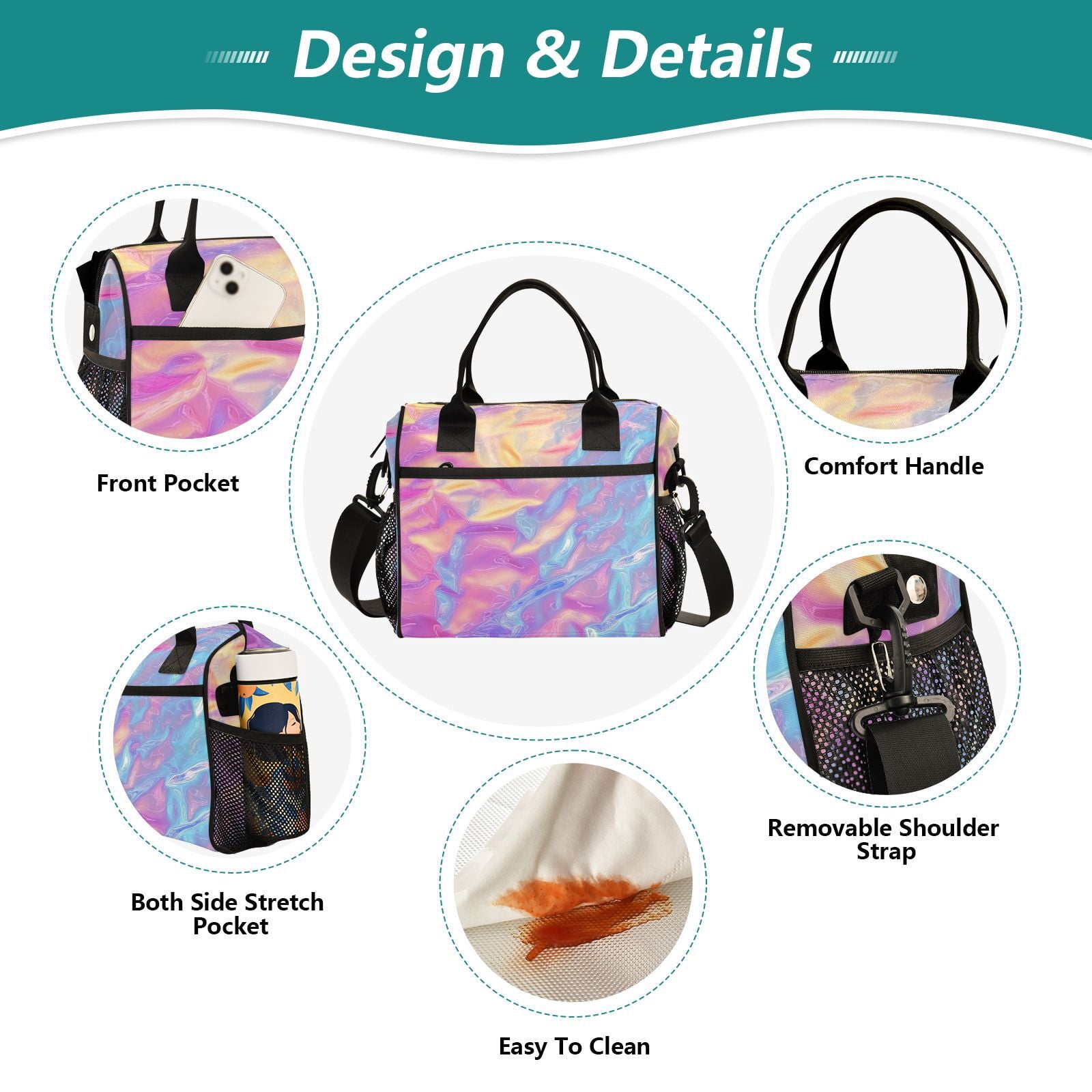 Ckdifva Colorful Hologram Waves Cooler Bag Cooler Cooling Tote Lunch Bag Lunch Box Front Pocket with Shoulder Strap