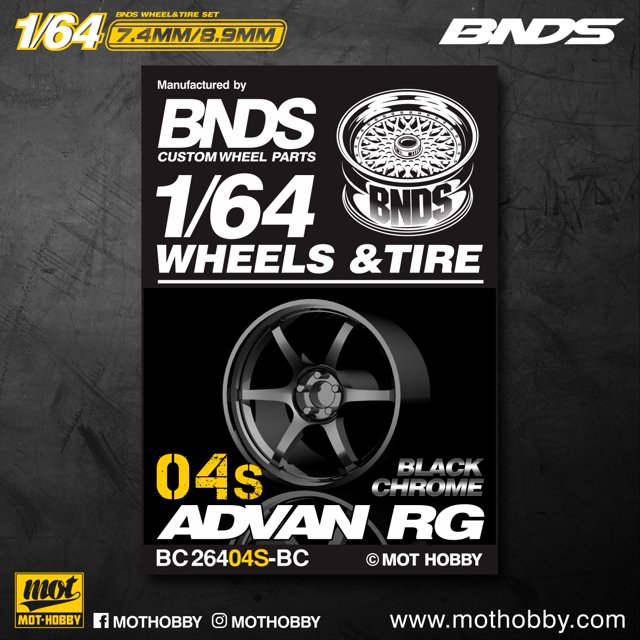 BNDS 1/64 ABS Wheels Rubber Tires by BLACK CHROME Assembly Rims Modified Parts JDM VIP Style for Model Car Vehicle 4pcs Set S BC26404S-BC