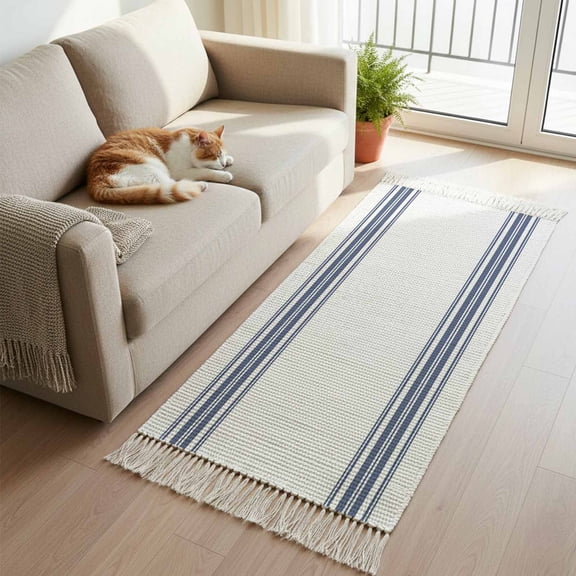 Abstract Geometric Blue Stripe Kitchen Runner Rug 2'x4', White Backdrop Washable Rug with Tassels, Non Slip Woven Cotton Bathroom Rugs Hallway Carpet for Foyer Bedroom Entry Back Door Decor