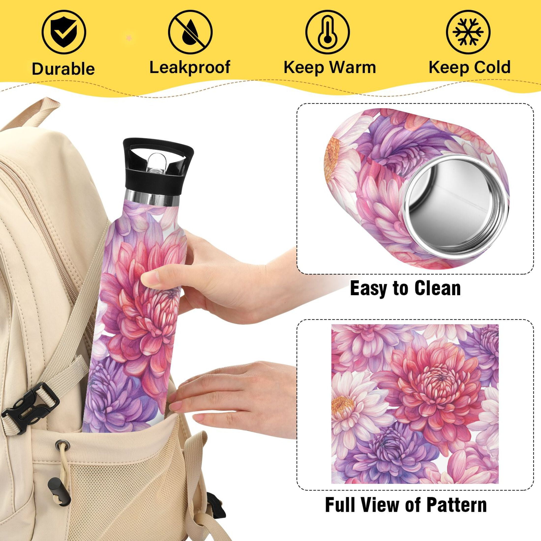 600ML Stainless Steel Insulated Cup Sports Water Bottle Portable Thermos Cup Water Glasses Insulated Tumblers Convenient and Durable Chrysanthemums Purple