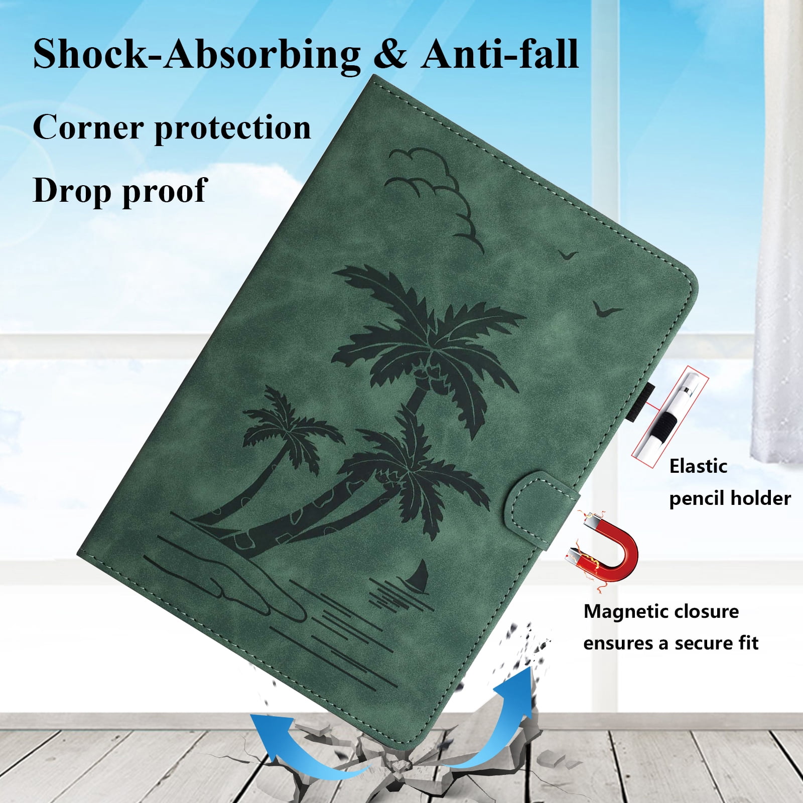 Allytechgroup for iPad (A16) 11th Generation 11 inch Case 2025 with Stand/Pencil Holder/Card Pockets/Magnetic Closure Smart Embossed Palm Tree PU Leather Folio Wallet Cover, [Auto Wake/Sleep], Green