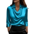thumbnail image 2 of Homenesgenics Womens Tops Plus Size Spring Solid Color Satin Satin Elegant Solid Color Cowl Neck Three-Quarter Sleeve Top/Shirt Blue XL, 2 of 7