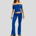 thumbnail image 4 of 2 Piece Flare Pants Set for Women Going Out Off Shoulder Top and Bell Bottom Leggings Slim Fit Sports Yoga Outfits (Medium, Blue|Short-sleeve), 4 of 7