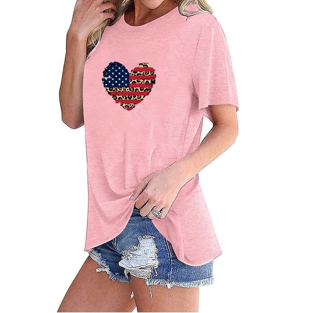 Fiudx Ofertas de La Semana Camiseta Básica de Verano de Manga Corta Informal para Mujer, Blusa con Estampado Del Día de La Independencia, Cuello Redondo