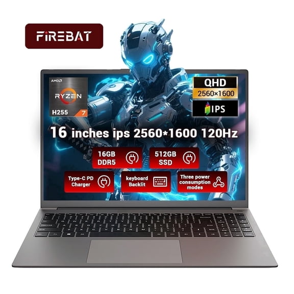 FIREBAT U6B 16 Inch Thin 2-in-1 Laptop, AMD Ryzen7 H 255, 16GB DDR5, 512GB SSD, Gray