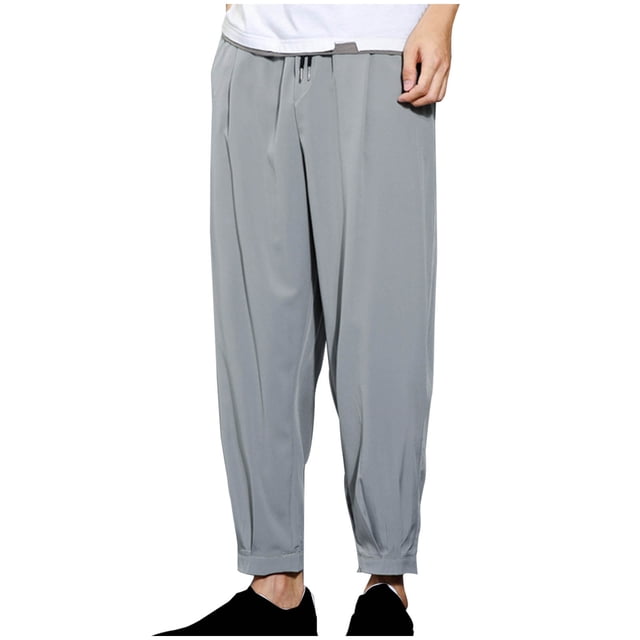 FcBaudy Full Length Pants Man Solid Color Drawstring Pockets Binding Leg Trousers Man Polyester Trousers