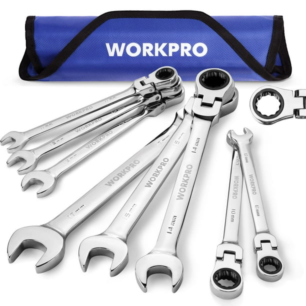 Juego de llaves WORKPRO Flex-Head Tratcheting, 8 piezas métricas, 8-17 mm