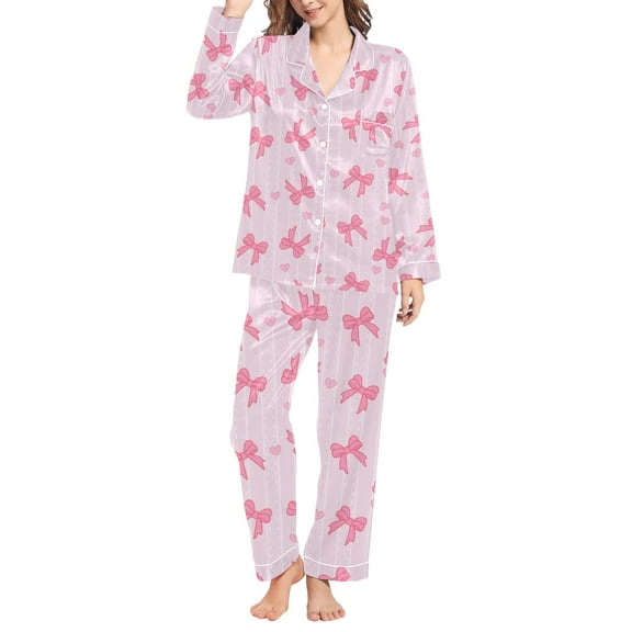 HSHMT Womens Satin Silk Pajamas Set Women's Winter Spring Home Leisure Valentine's Day Bow Love Loose Imitation Color Ding Pajama Sleepy Pants Set