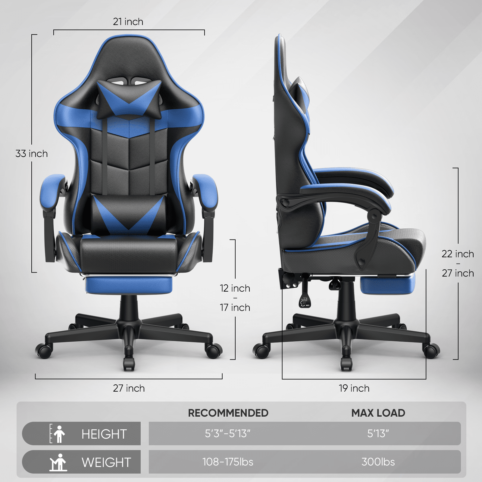 Huracan Gaming Chair with Footrest, Adjustable Height Computer Office Chair with Massage Lumbar Pillow&Headrest, Ergonomic High Back Leather Gamer Game Desk Chair for Adults,Blue