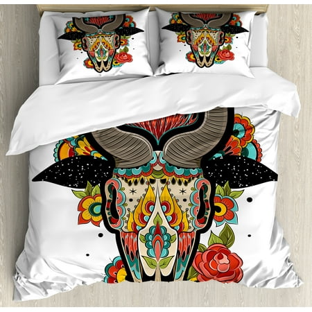Goat Duvet Cover Set King Size, Colorful Goat Skull Ornamented with Floral and Petal Motifs Chinese New Year Festival, Decorative 3 Piece Bedding Set with 2 Pillow Shams, Multicolor, by