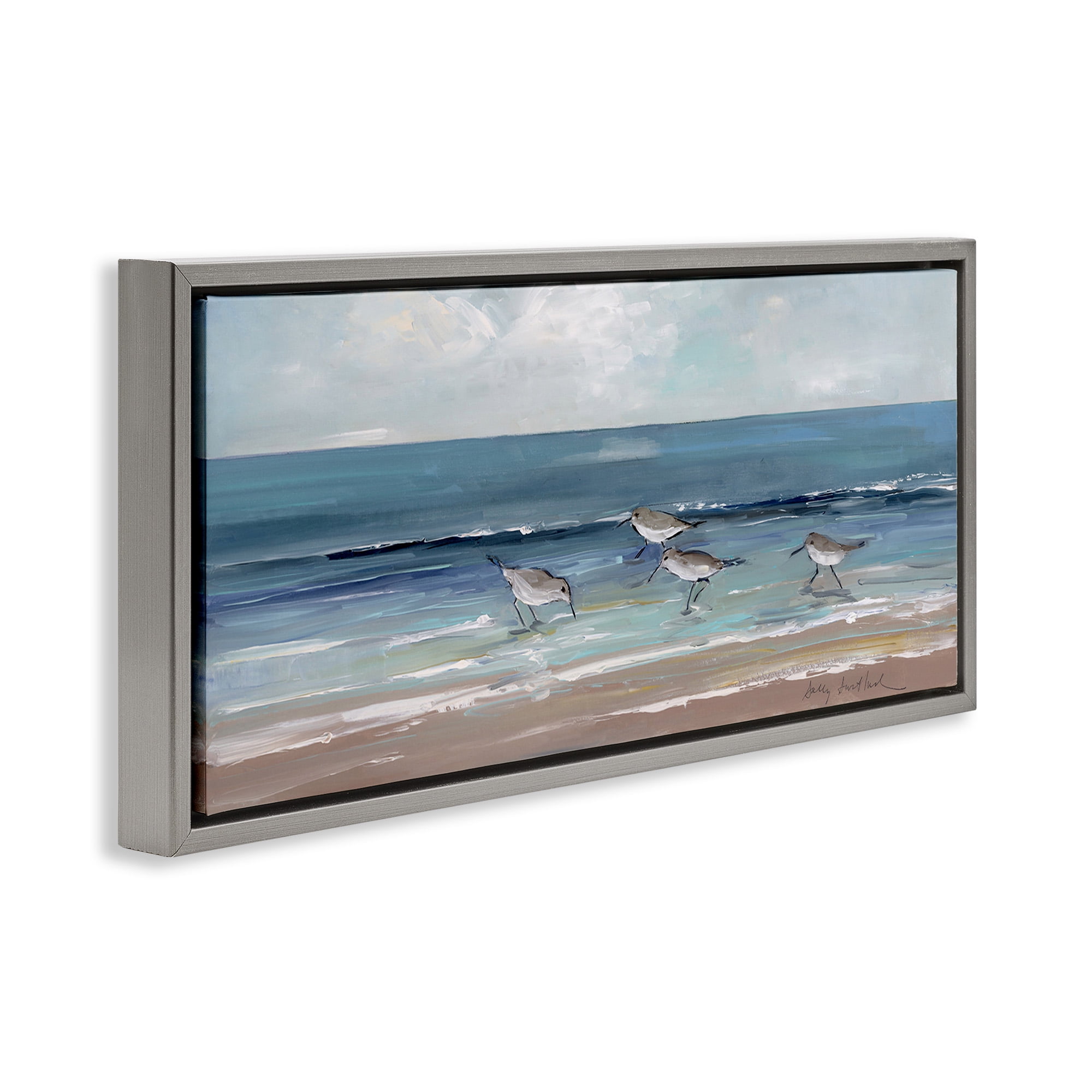 Stupell Industries Sandpipers with Cloudy Sky Nature Painting Gray Floater Framed Canvas Art Print Wall Art, 31 x 14