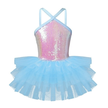 

TiaoBug Kids Girls Ballet Dance Gymnastics Leotard Tutu Dress Halter Sequins Dancewear 3-10