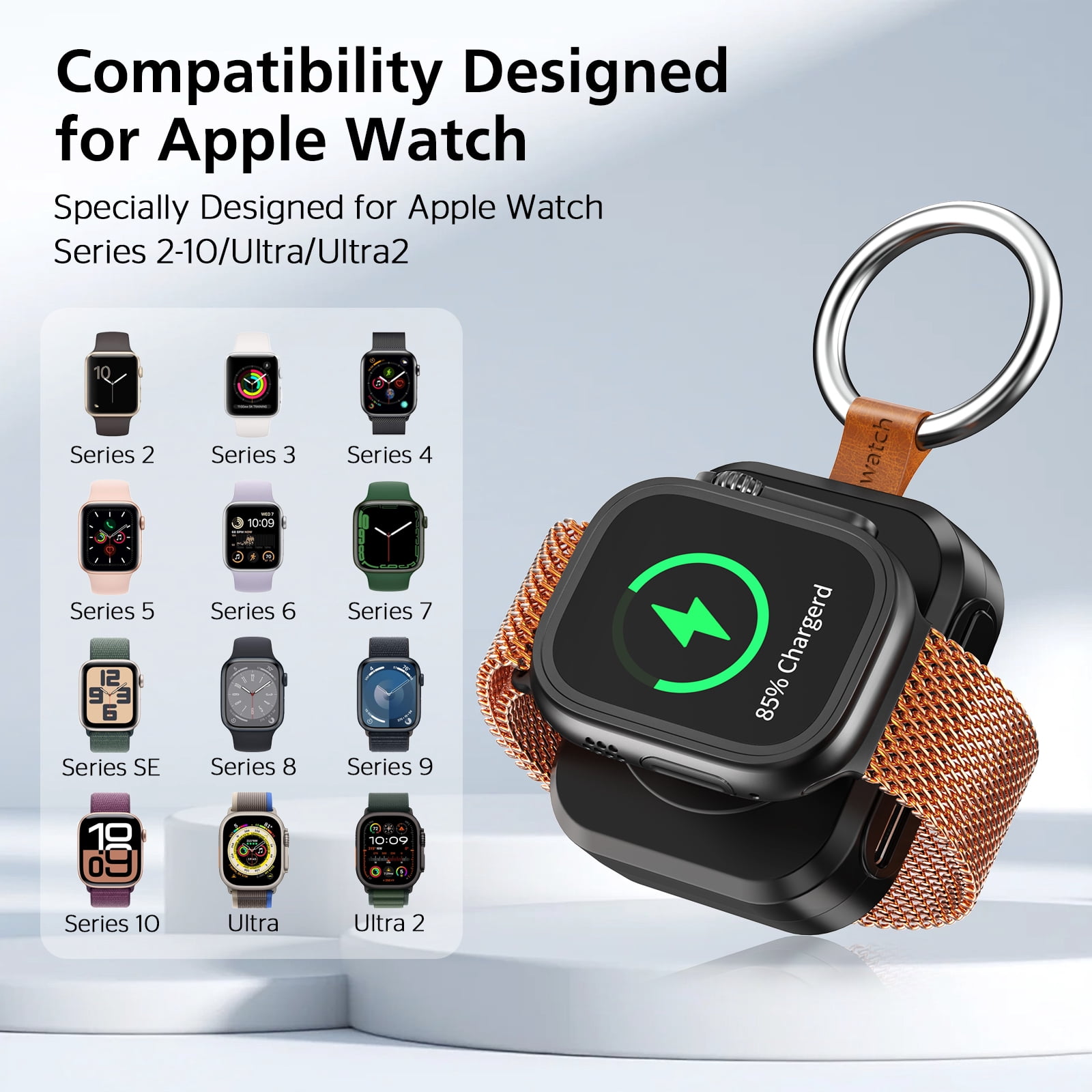 MYXON Apple Watch Charger, 1200mAh Wireless Portable Keychain Charger, Compatible with Series 11/10/9/8/7/SE/Ultra/Ultra 2/Ultra 3, Type-C & Usb