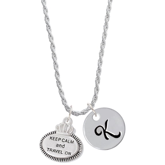 Delight Jewelry Silvertone Keep Calm and Travel On Silvertone Script Initial Disc - K - Charm Necklace, 20"+3"