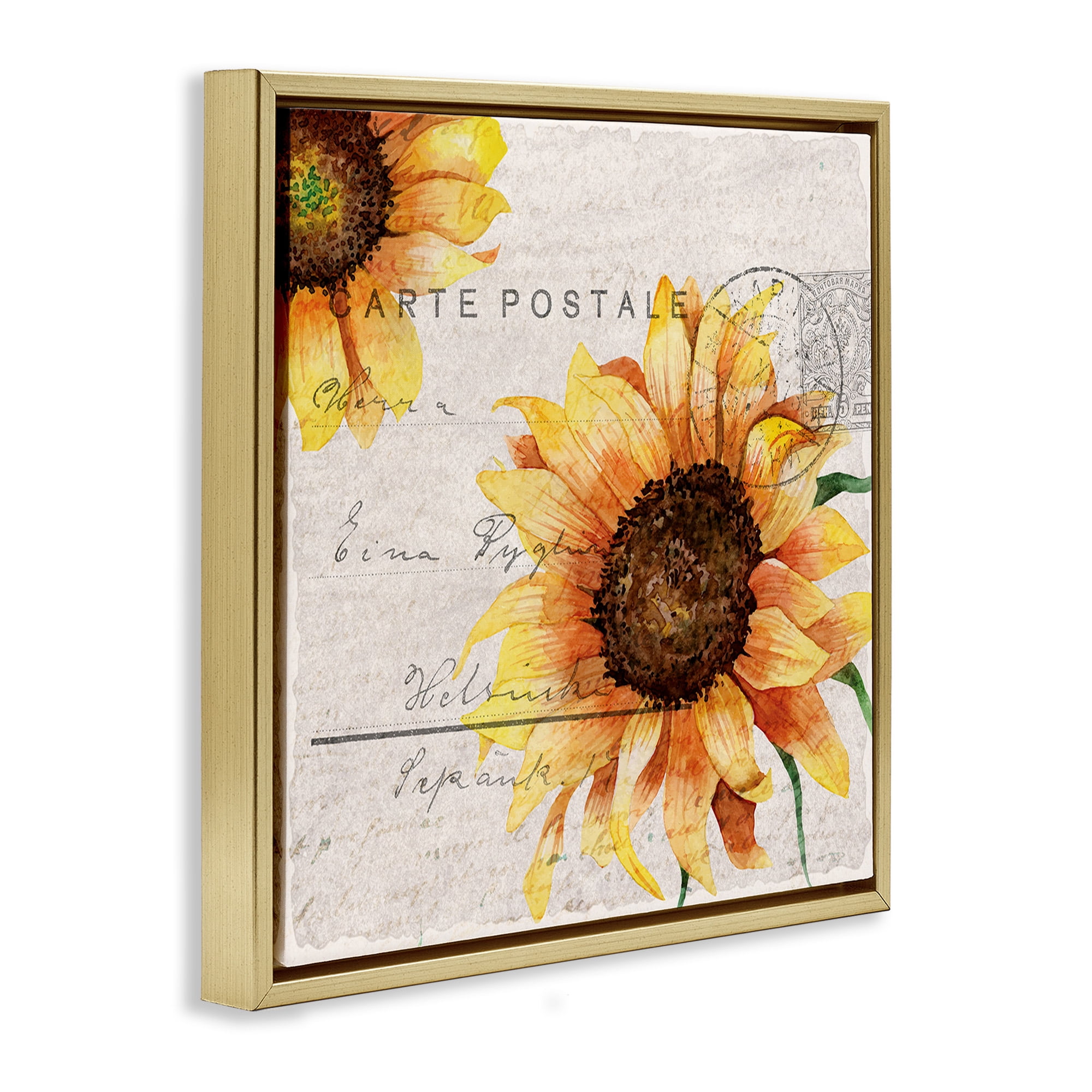 Stupell Industries Sunflower Vintage Mail Post Botanical & Floral Painting Gold Floater Framed Canvas Art Print Wall Art, 18 x 18