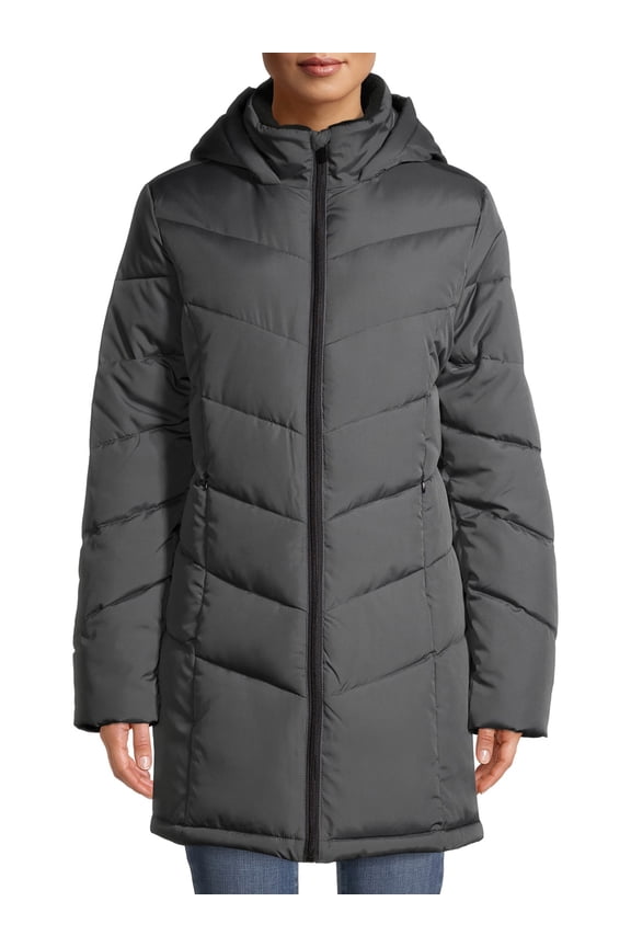 Women's and Women's Plus Chevron Quilted Puffer Jacket with Hood, Sizes S-3X
