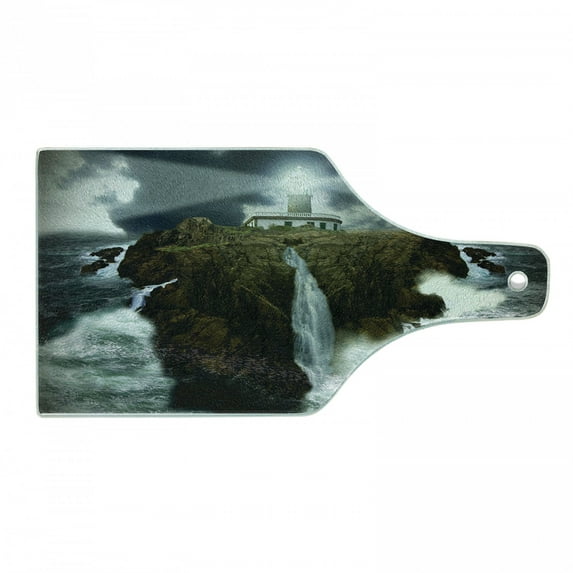 Lighthouse Cutting Board, Island Rocks Stormy Sea Crashing Waves Full Moon Beams, Decorative Tempered Glass Cutting and Serving Board, Wine Bottle Shape, Grey White Brown, by Ambesonne