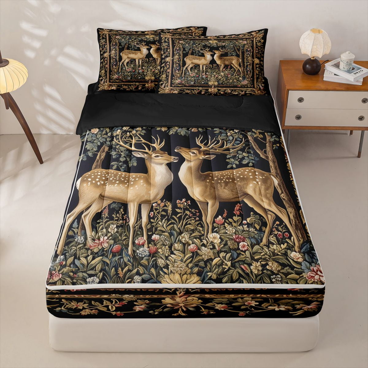 Homewish Woodland Deer Zipper Twin Comforter Sets with Fitted Sheet and 2 Pillowcases Vintage Flower Floral Zipper Bedding Set Black Reversible 4-Piece