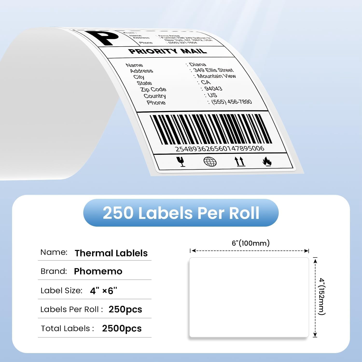 Phomemo Thermal Labels 4x6 for Shipping Packages-500 pcs Shipping Seals Sticker, Direct Printer Label Paper 4x6 Shipping Labels Compatible with Rollo Zebra Brother MUNBYN Phomemo Nelko Omezizy