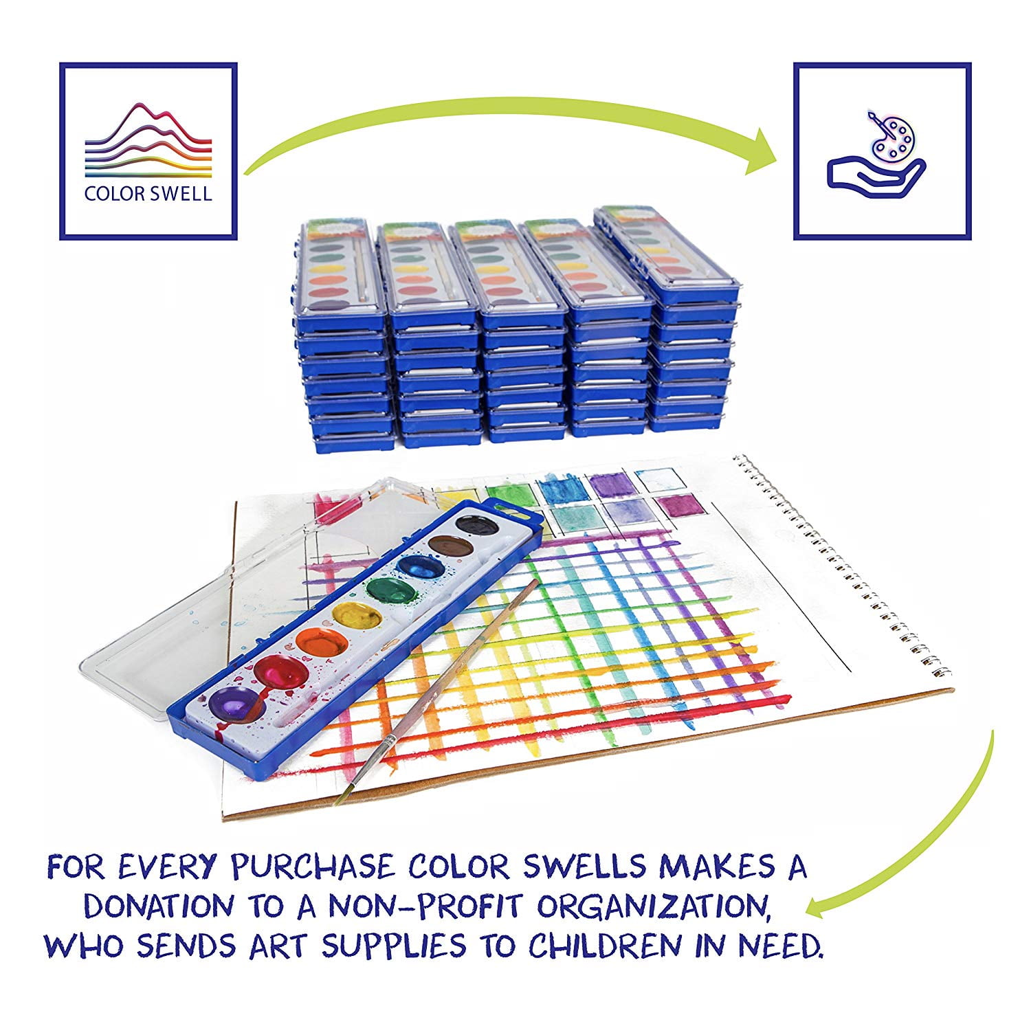 Color Swell Bulk Watercolor Paint Packs and Quality Wood Brushes, 18 Palettes, 8 Washable Colors per Palettes