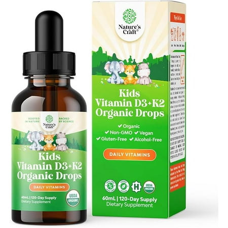 Liquid Vitamin D3 Drops for Kids - Organic Vitamin D for Kids and Babies with Vitamin K2 - Vegan Vitamin D3 K2 Kids Vitamins for Immune Support - Liquid Vitamin D Drops for Infants Toddlers and Kids
