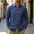 thumbnail image 2 of Linen Shirts for Men Long Sleeve, Casual Summer Button Down Shirt Tops, Fashionable Loose Breathable Solid Color, Navy s, 2 of 6