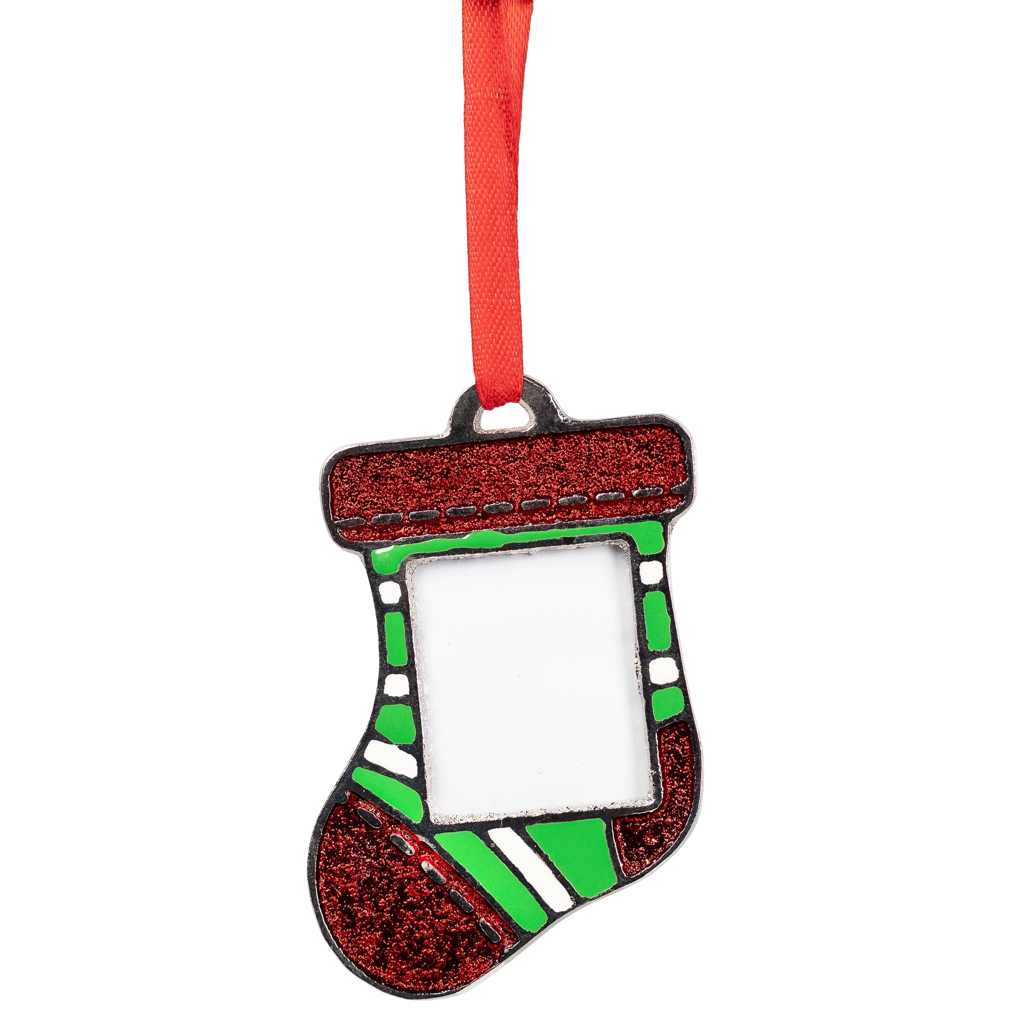 Striped Christmas Stocking Photo Frame Ornament - 3.25"