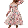 thumbnail image 3 of Xuanfei Women Floral Print Square Neck Smocked Bodice Tie Waist Flare Sleeve Dress, 3 of 6