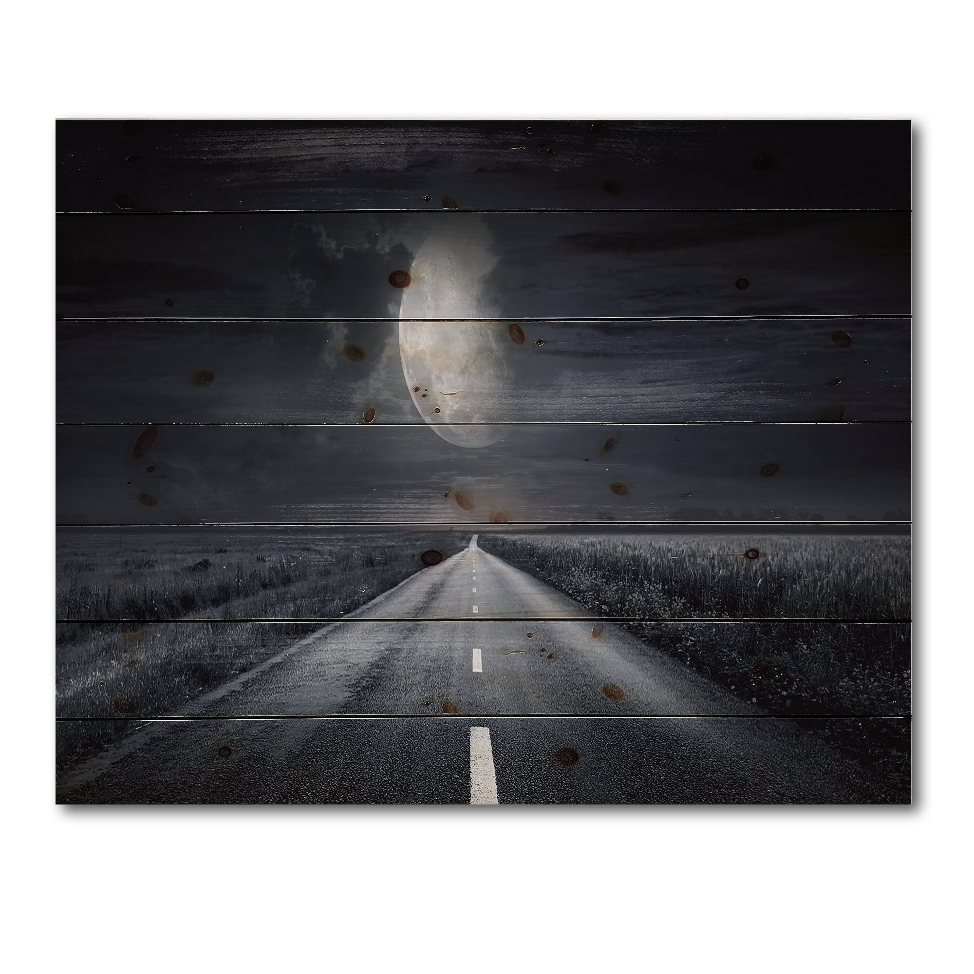 Designart 'Cloudy Full Moon Over Asphalt Road III' Nautical & Coastal Print on Natural Pine Wood