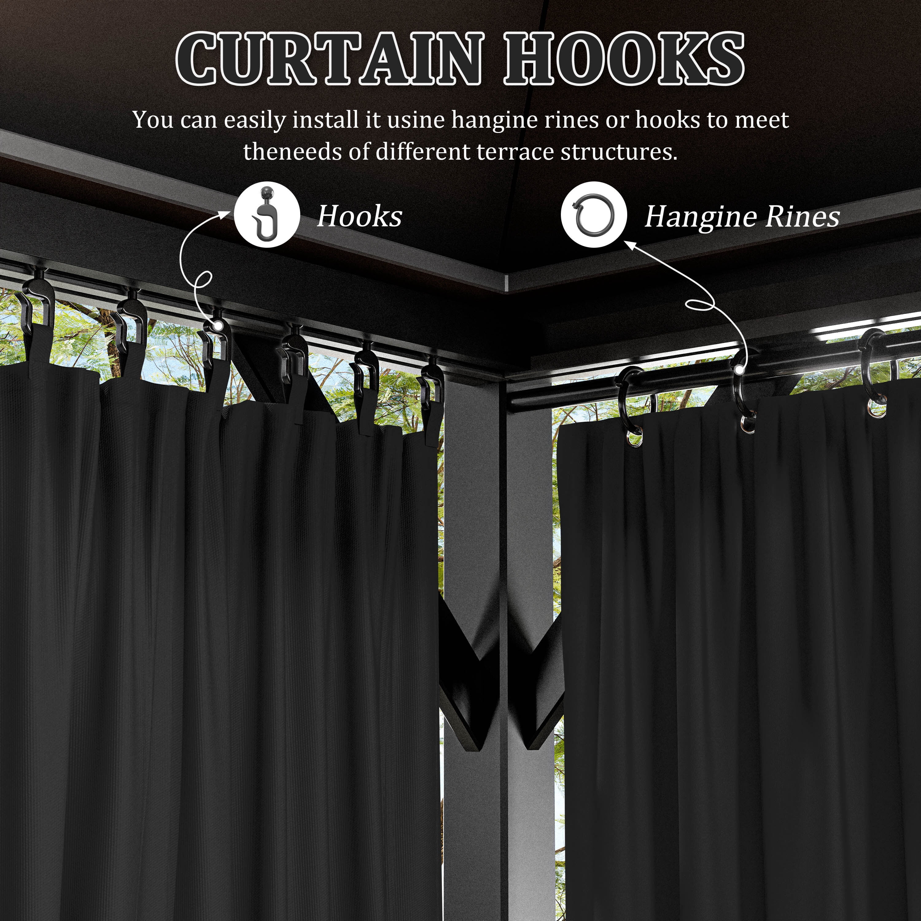 Kimunuk Outdoor Replacement Curtains for 12' X 12' Gazebo, Waterproof 4-Panels Black Gazebo Universal Privacy Sidewall Curtains with Zipper for Patio Garden Backyard, Curtain Only