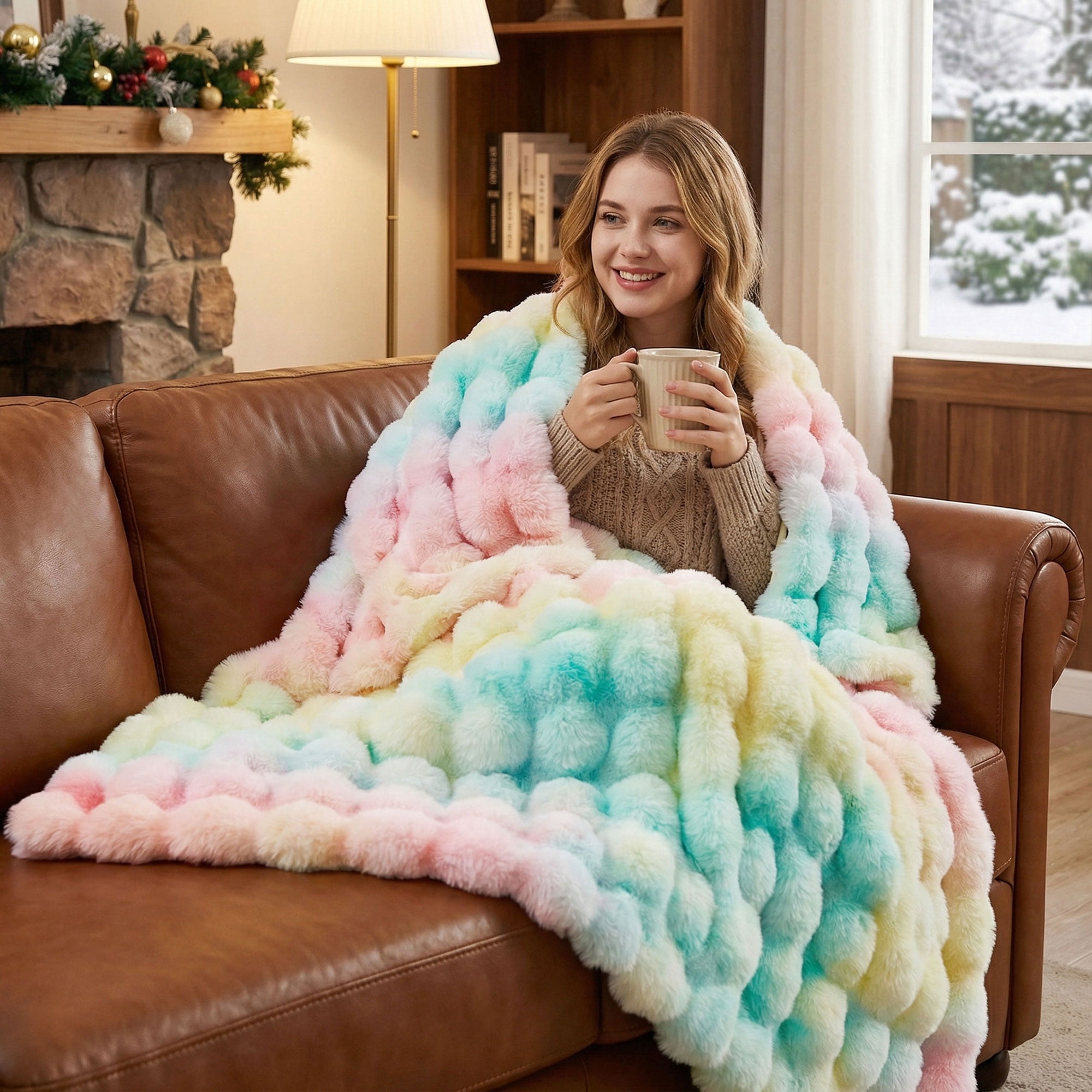 JONIYEAR Soft Decorative Colorful Bubble Faux Rabbit Fur Throw Blanket 50" x 60", Extra Thick Textured Warm Fluffy Blanket,Luxury Shaggy Cute Cozy Fuzzy Furry Lap Blanket for Couch Women Girl,Rainbow