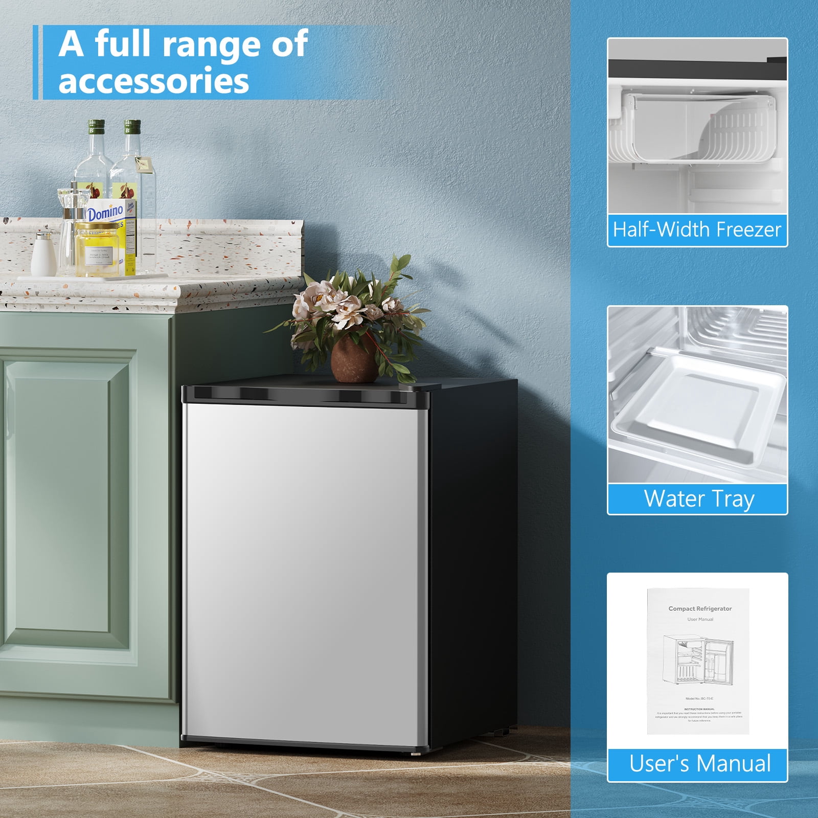 CRZOE Mini Compact Refrigerator with Freezer, 2.6 Cu.Ft. Single Door Adjustable Removable Shelves for Apartment/Dorm/Office