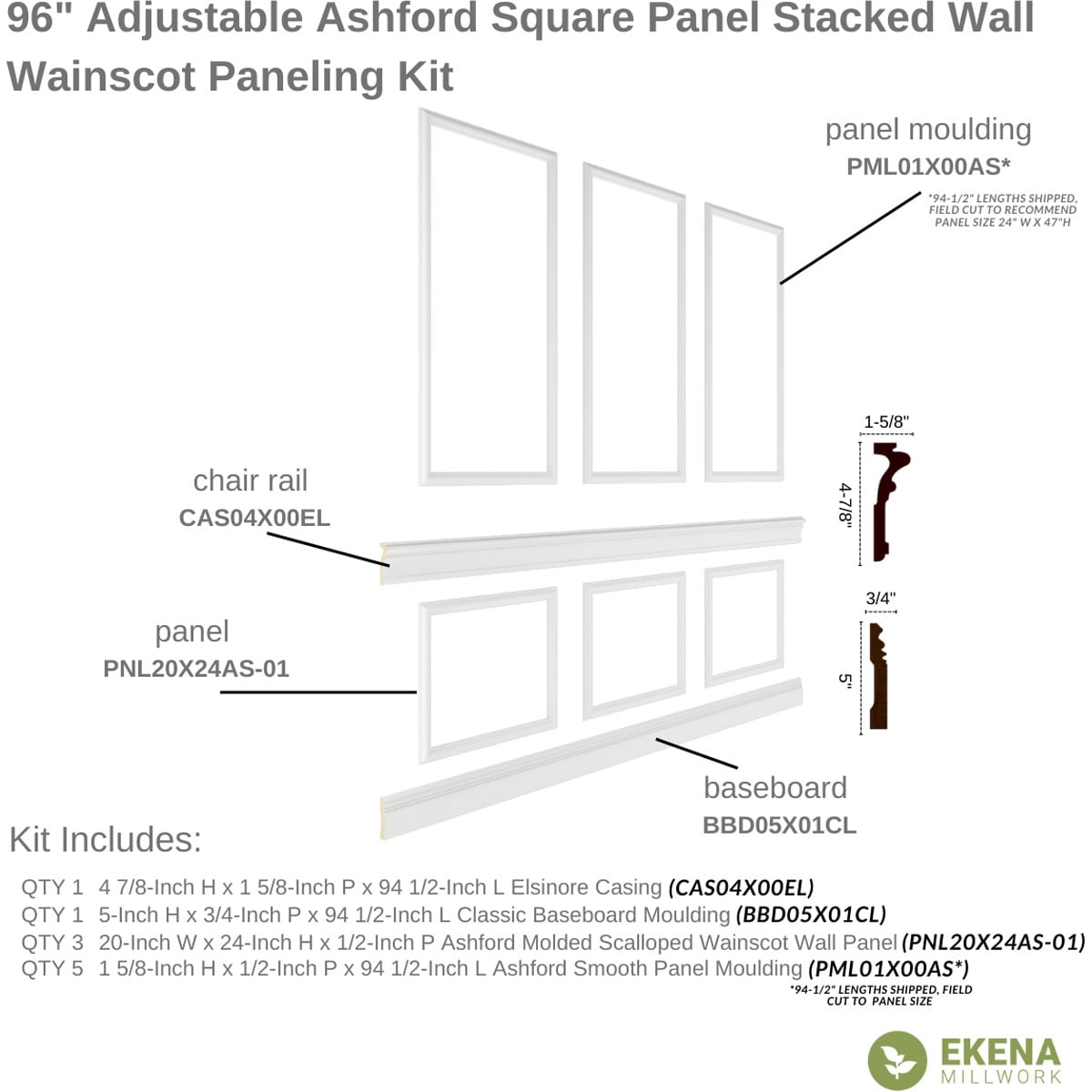 Ekena millwork 94 1/2"L (Adjustable 94 1/2"H to 120"H) Ashford Square Panel Stacked Wall Wainscot Paneling Kit
