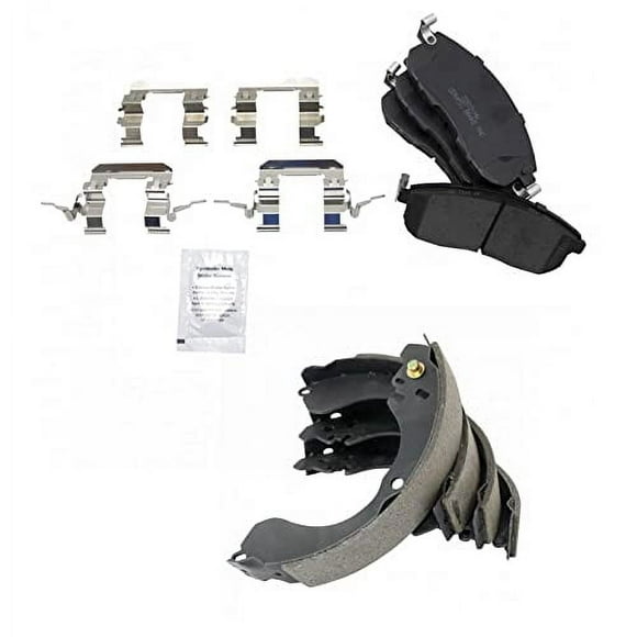 TRQ Front Ceramic Brake Pad & Rear Brake Shoe Kit Set Compatible with 2009-2014 Nissan Cube / 2007-2019 Nissan Sentra / 2007-2012 Nissan Versa