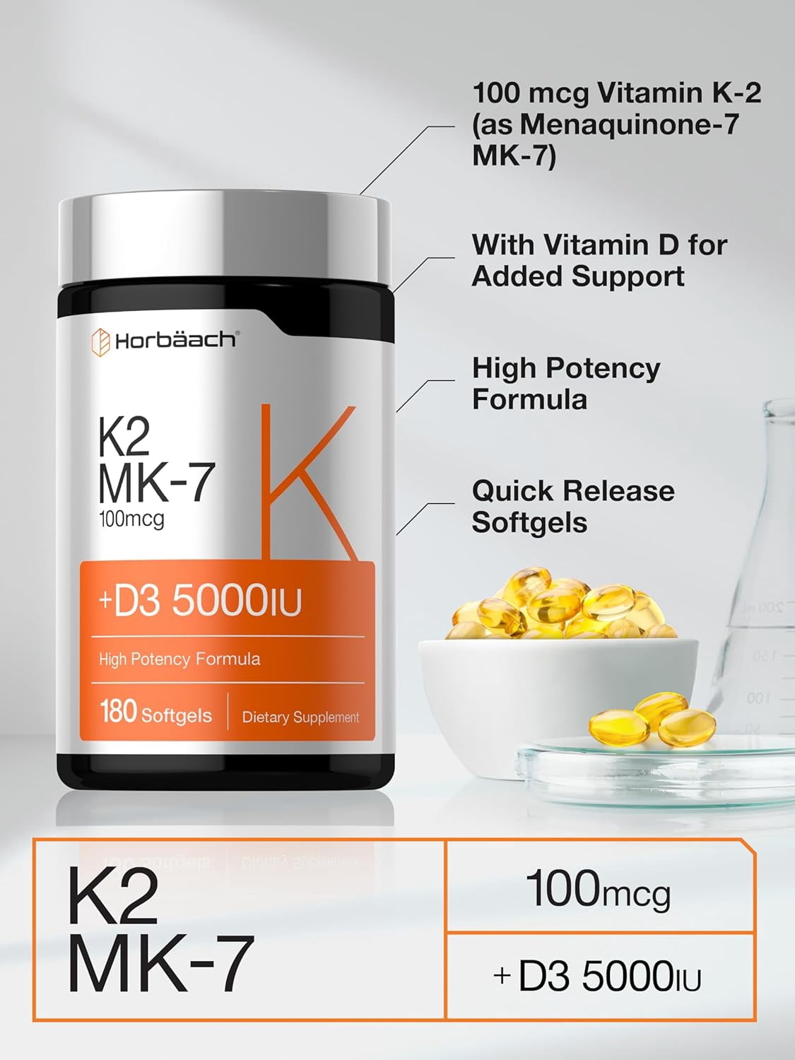 Horbaach Vitamin K2 D3 Softgel Capsules, 180 Count, Calcium