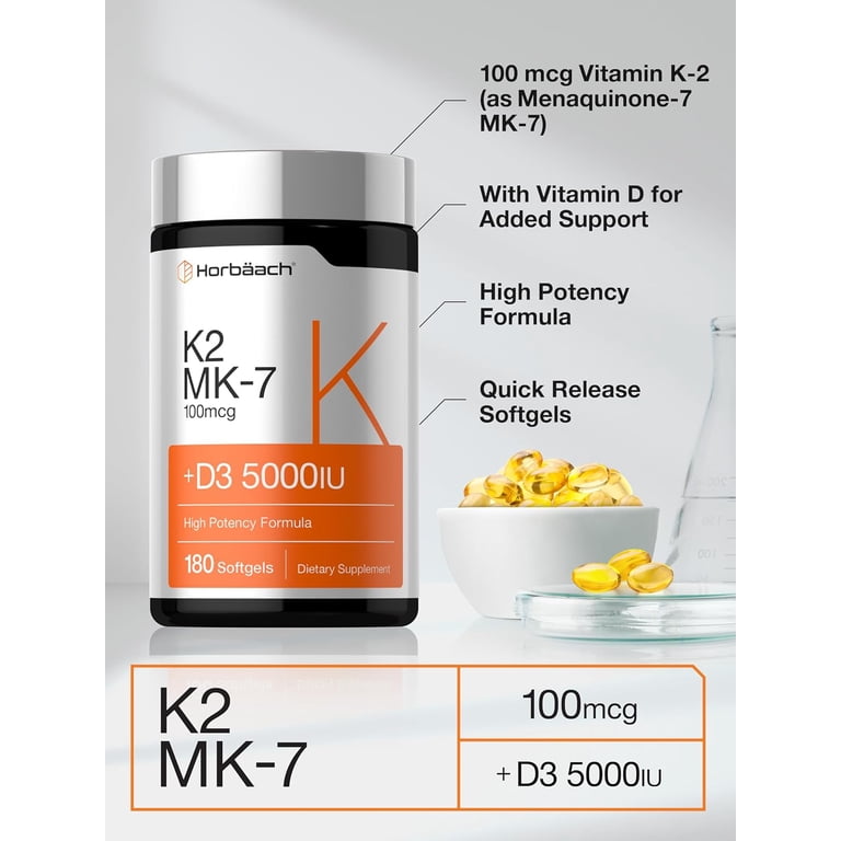 Horbaach Vitamin K2 D3 Softgel Capsules, 180 Count, Calcium