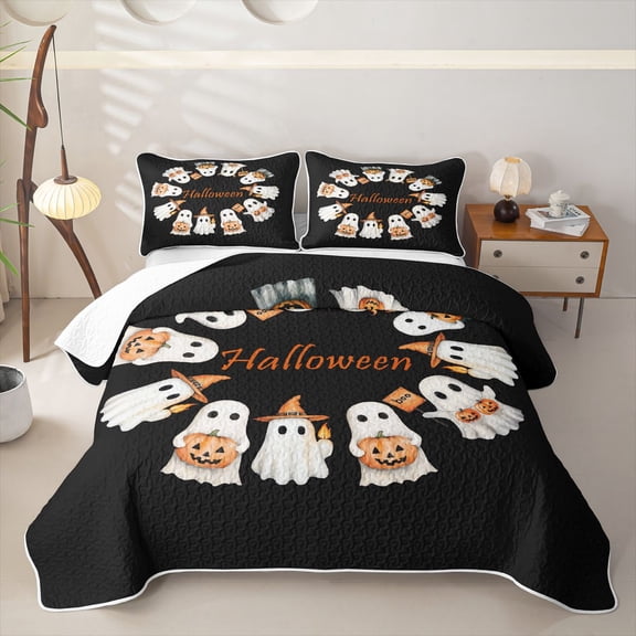 Homewish Warm Halloween Witch Ghost Twin Quilt Set,Pumpkin Lantern Pattern Twin Coverlet Set,Black Orange,2 Pieces