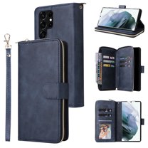Feishell for Samsung Galaxy S22 Ultra (6.8 inch) Wallet Case for Women Men,Premium PU Leather Magnetic Clasp Zipper 9 Card Slots Folio Flip Holder Shockproof Phone Case with Wrist Strap,Blue