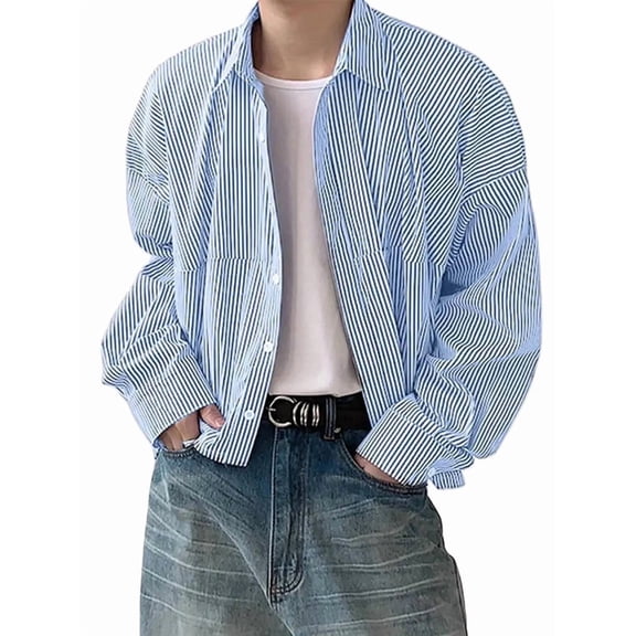 Men's Striped Button Down Cropped T Shirt Long Sleeve Dress Shirts Business Work Tops Fall Clothes Blue S