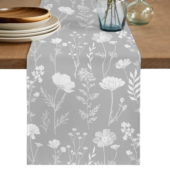 Table Runners 36 Inches Long Dress Scarves, Grey Wildflowers Farmhouse Kitchen/Dining Table Decor Table Runner, Short Coffee Tablerunners, Farmhouse Floral Botanical Leaves 13x36 Inch