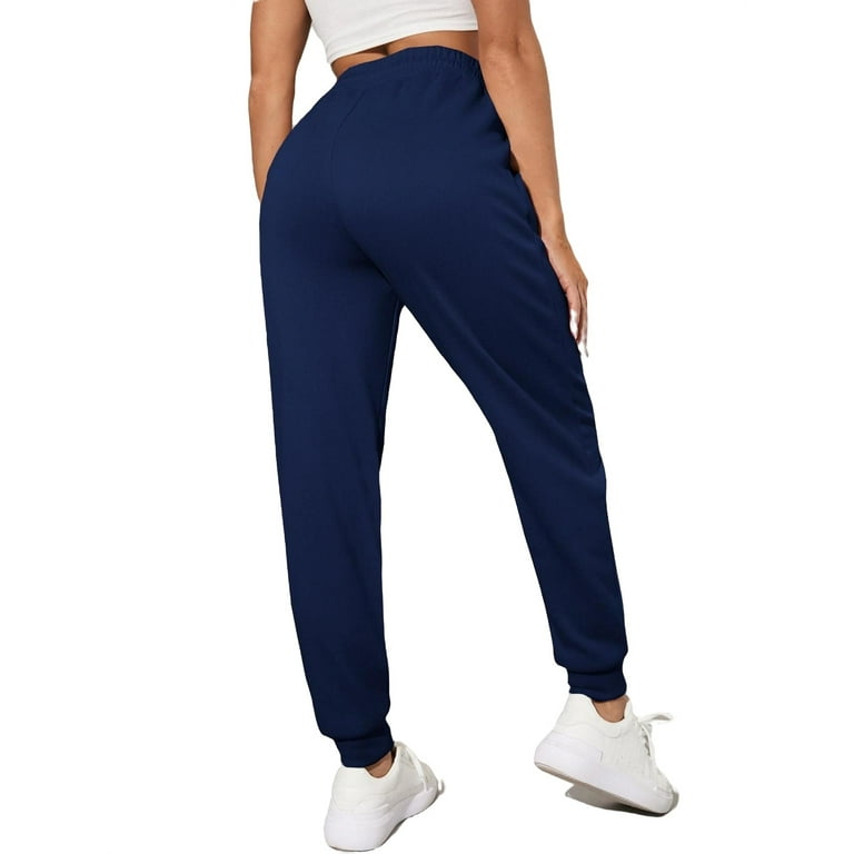 Womens Casual Pants Drawstring Waist Solid Joggers Navy Blue M