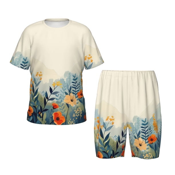Balery Floral Mountain Landscape Conjunto de Pijama Infantil de Manga Corta con Estampado – Ropa de Dormir de Algodón Suave-4X-Large