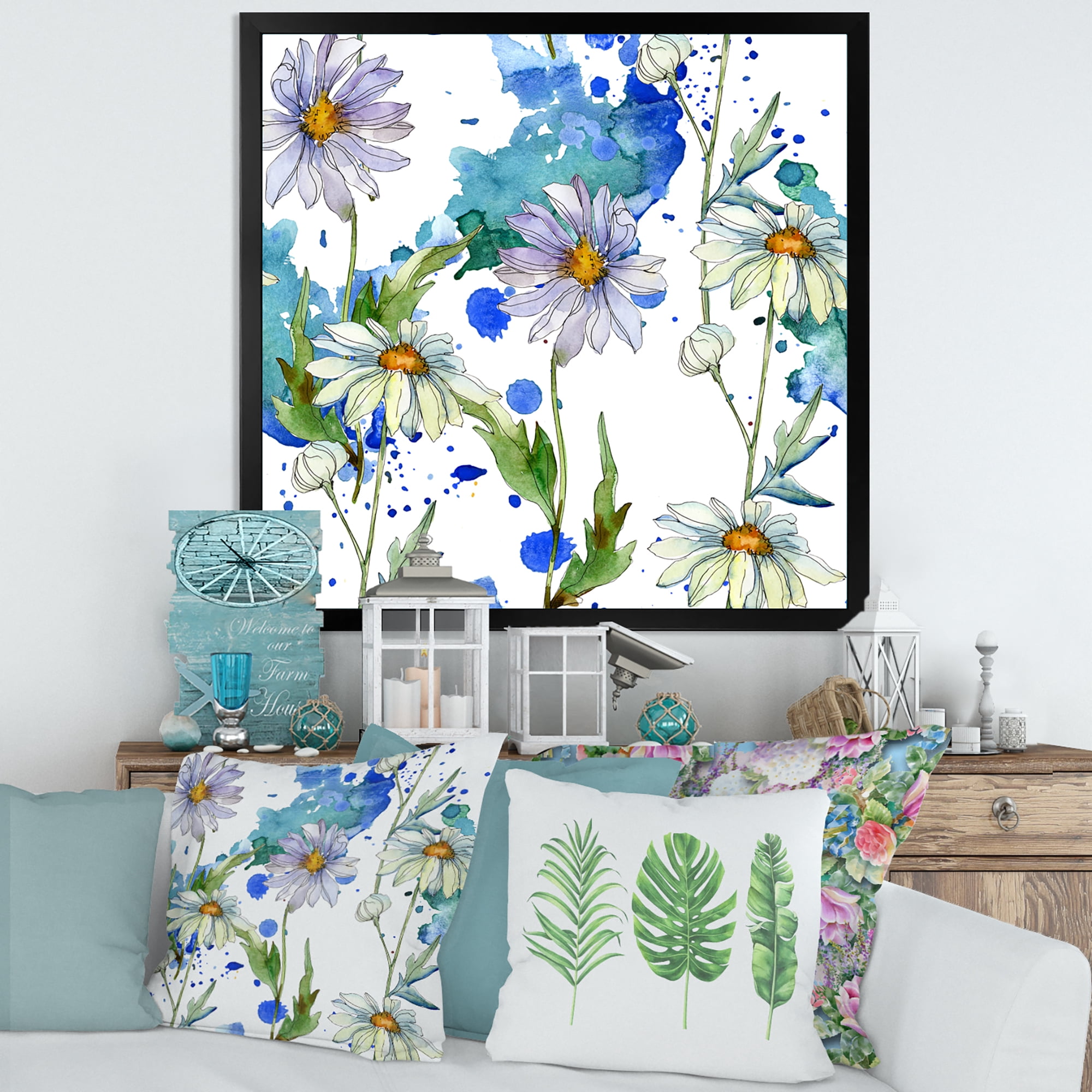 Designart 'Daisies With Green Leaves and Background' Traditional Framed Art Print