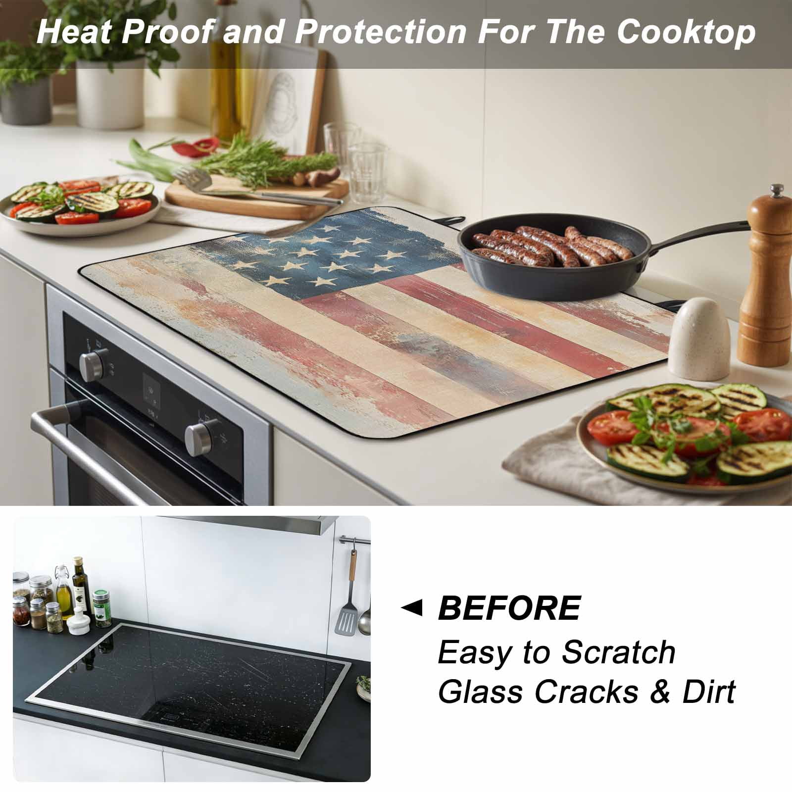 Retro American Flag Stove Top Cover for Electric Stove, Heat-proof & Non Slip Glass Top Stove Cover Protector, Rustic Star and Stripes US Flag Kitchen Flat Cooktop Rubber Mat 24x21 Inches