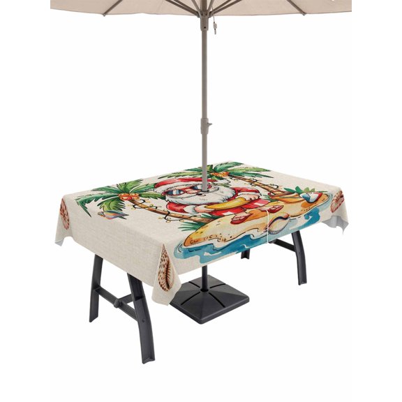Outdoor Tablecloth with Umbrella Hole and Zipper, Christmas Rectangle Table Cloth 60x102 Inch Waterproof Tablecloth, Coastal Santa Claus Beach Cocount Tree on Linen Picnic Table Cover for Patio