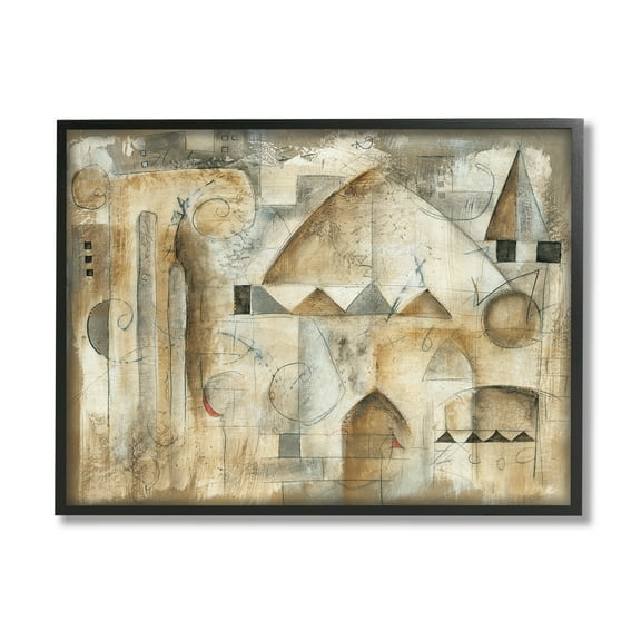 Stupell Industries Traditional Abstract City Architecture Triangular Shapes Brown Beige Paintings Black Framed Art Print Wall Art, 30x24, by Eric Waugh