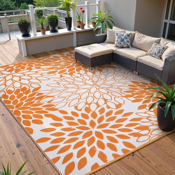 Outdoor Rug 8 ft x 10 ft Rectangular Orange Floral Waterproof Reversible Plastic Straw Mat for Patio Deck Balcony RV Camping
