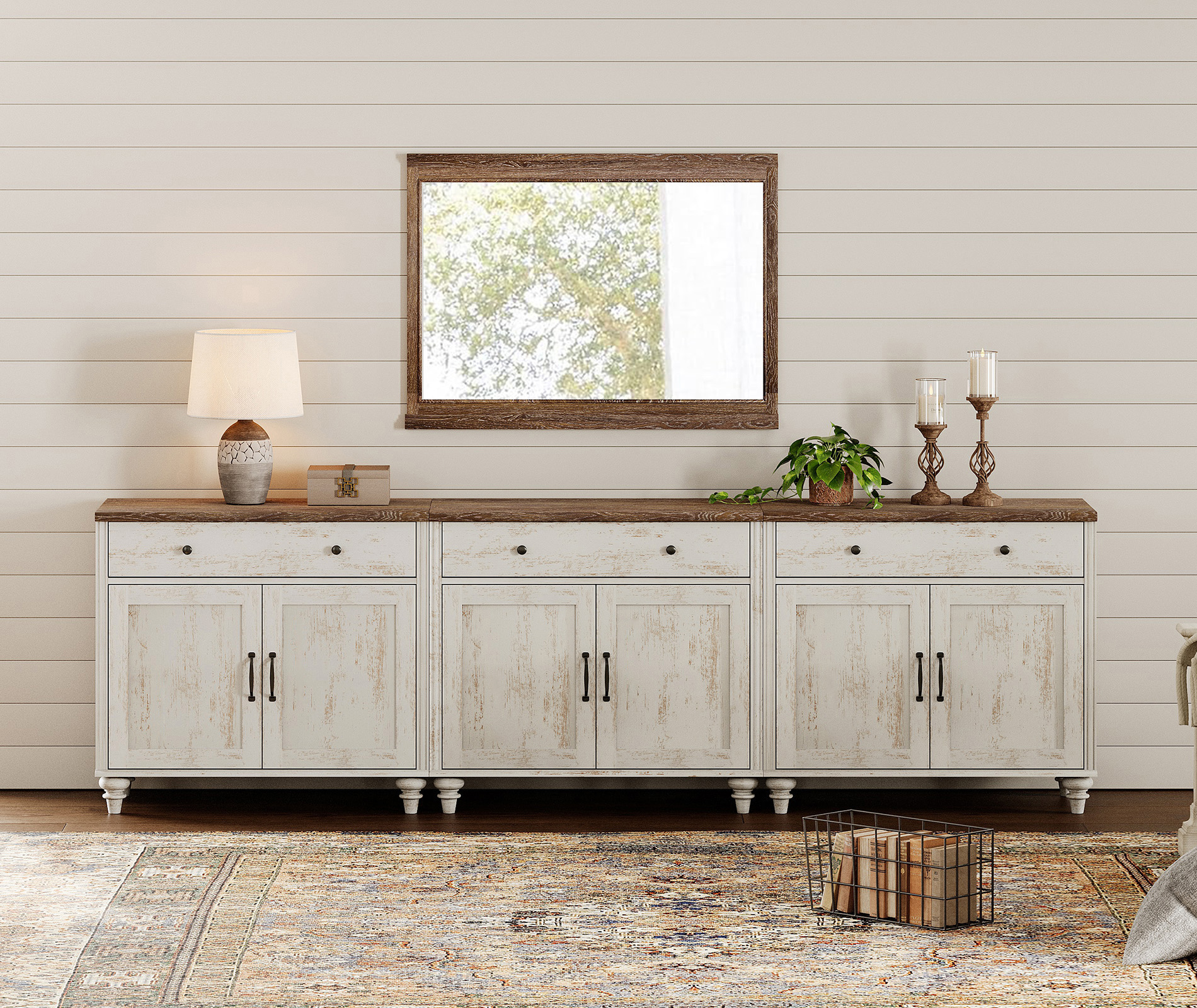 Buffet Cabinet with 6 Doors and 3 Drawers, Large Coffee Bar Table Wood Kitchen Storage Cabinets with Storage Cabinets, Modern Farmhouse Sideboard Credenza for Dining Room, Rustic White, 102 inch