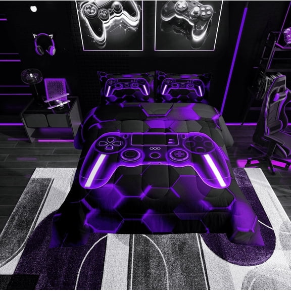 Erosebridal Purple Gamepad Bedding Sets Twin with Comforter, Game Player Duvet Insert, Modern Gaming Reversible Comforters & Duvets, Breathable Bedroom Decoration, 2pcs