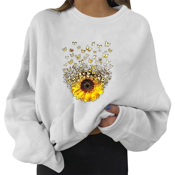 Bibifish Womens Sunflower Sweatshirts Floral Printed Crewneck Long Sleeve Pullover Cute Spring Casual Loose Fit Breathable Comfy Sweatshirts